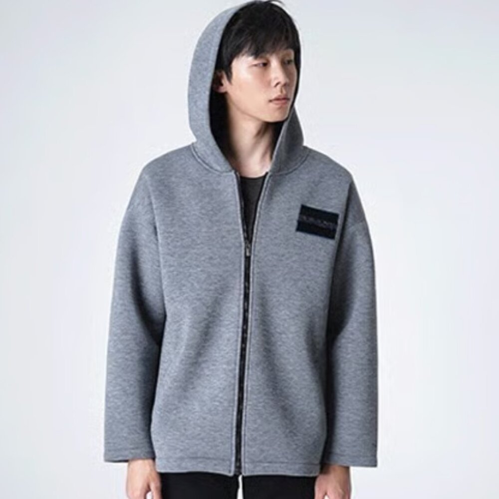 MAESTILL Korean Men's Microfleece Hoodie Pullover Loose Zip Up Logo Grey M